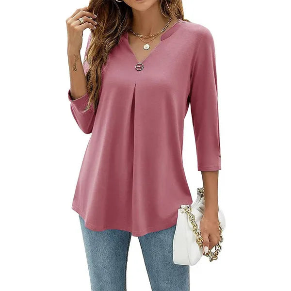 Blusas com decote em V de algodão plissada solta