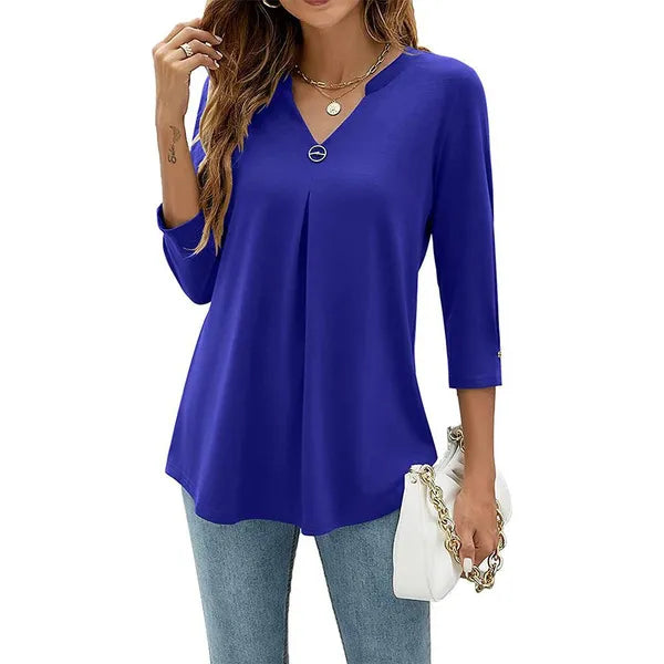 Blusas com decote em V de algodão plissada solta