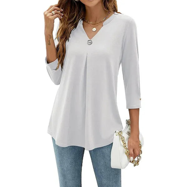 Blusas com decote em V de algodão plissada solta