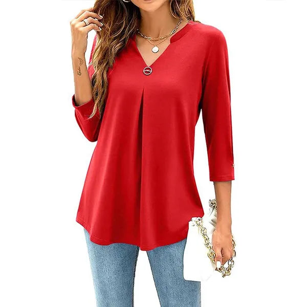 Blusas com decote em V de algodão plissada solta