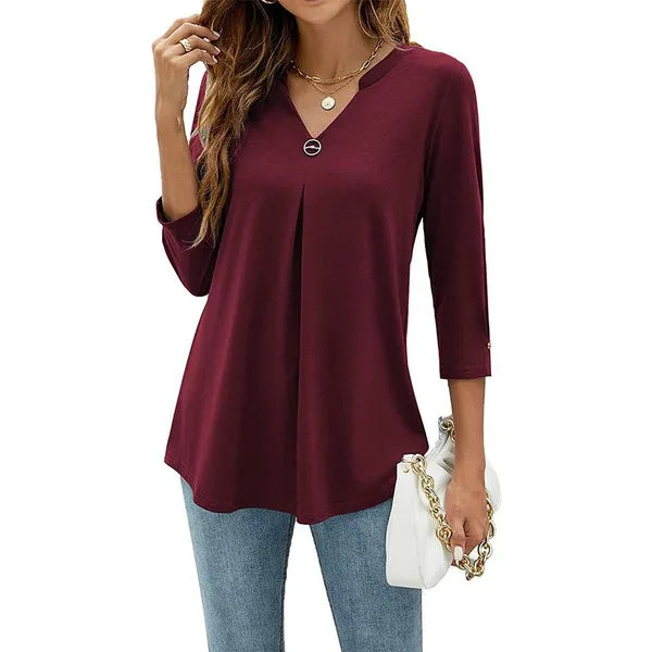 Blusas com decote em V de algodão plissada solta