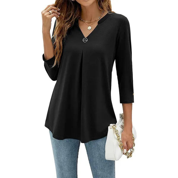 Blusas com decote em V de algodão plissada solta