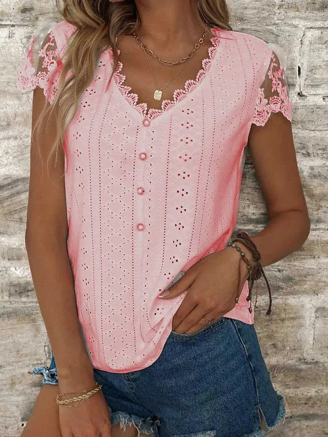 Blusas femininas com ilhós lisas e ocas com decote em V