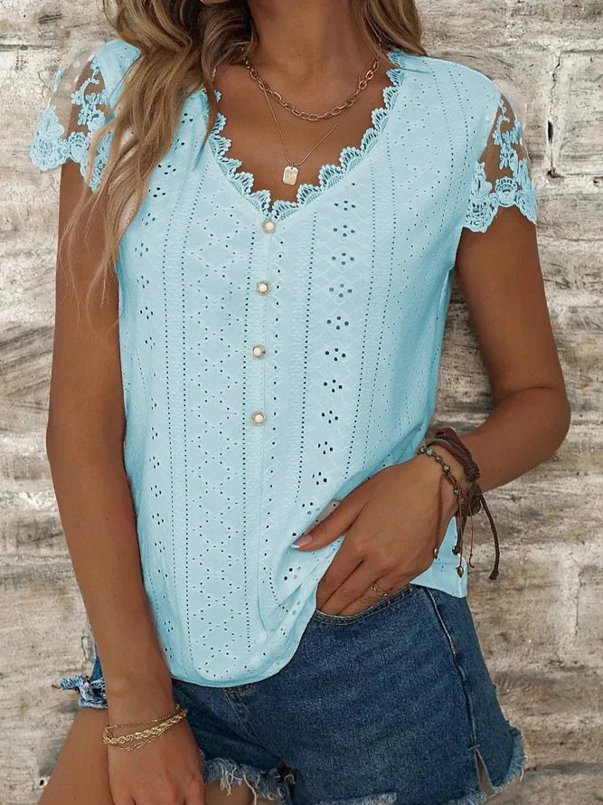 Blusas femininas com ilhós lisas e ocas com decote em V