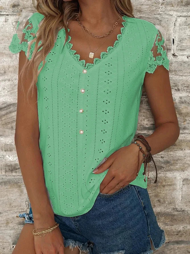Blusas femininas com ilhós lisas e ocas com decote em V