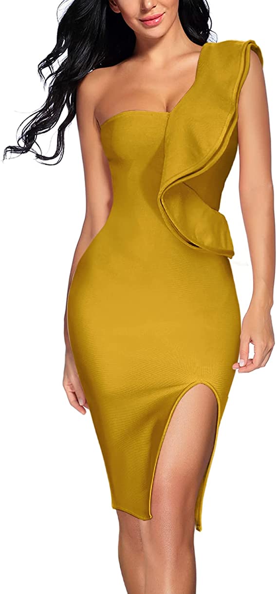 Vestido de festa com babados de um ombro colante ao corpo