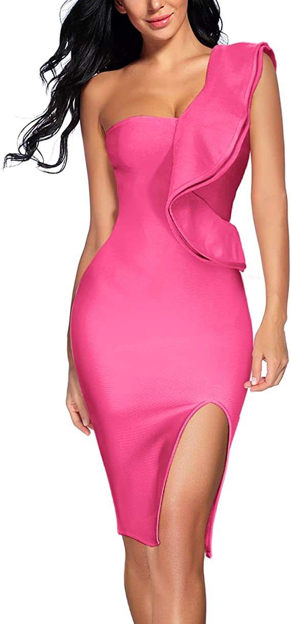 Vestido de festa com babados de um ombro colante ao corpo