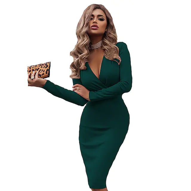 Vestido justo colante ao corpo manga comprida cor pura ruched decote em V vestido de inverno quente
