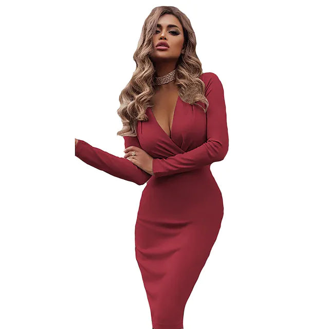 Vestido justo colante ao corpo manga comprida cor pura ruched decote em V vestido de inverno quente