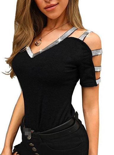 Blusa de manga curta com tiras - acabamento metálico