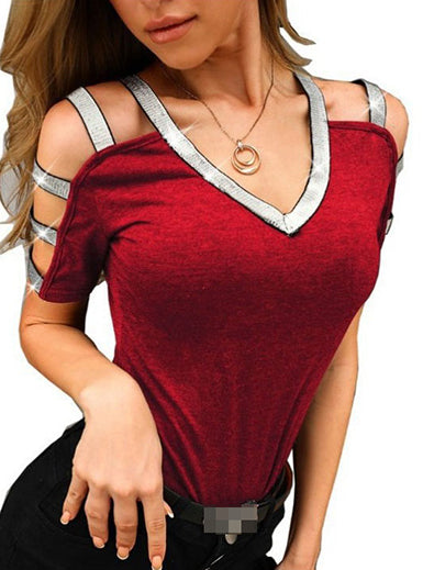 Blusa de manga curta com tiras - acabamento metálico