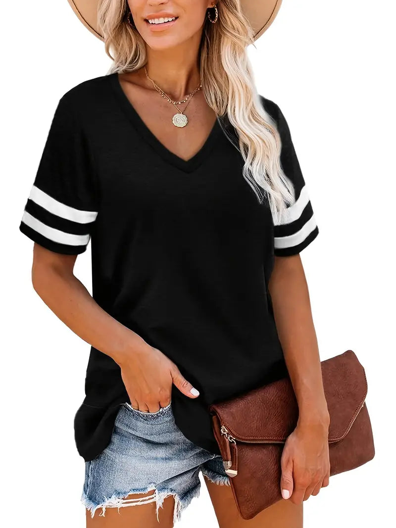 Camiseta feminina casual com decote em V colorblock listrada