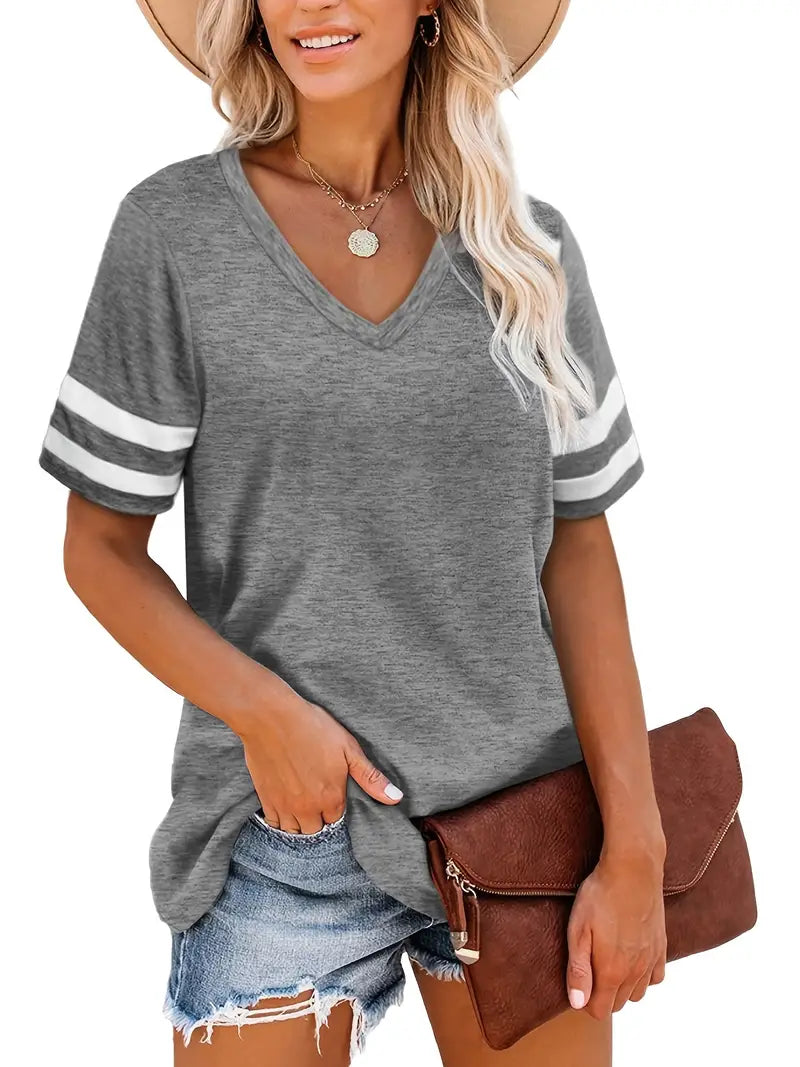 Camiseta feminina casual com decote em V colorblock listrada