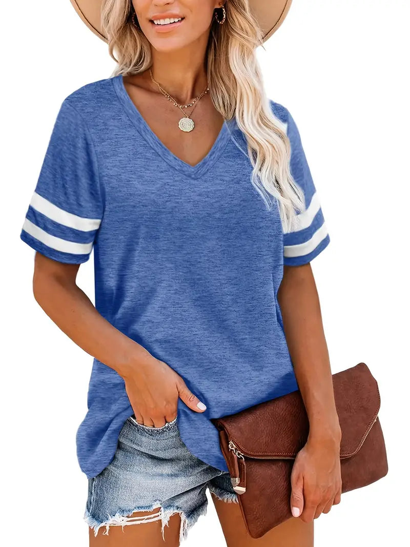 Camiseta feminina casual com decote em V colorblock listrada
