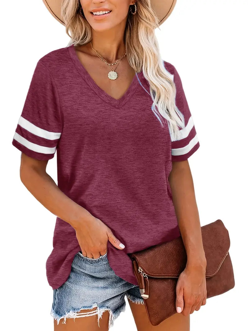 Camiseta feminina casual com decote em V colorblock listrada