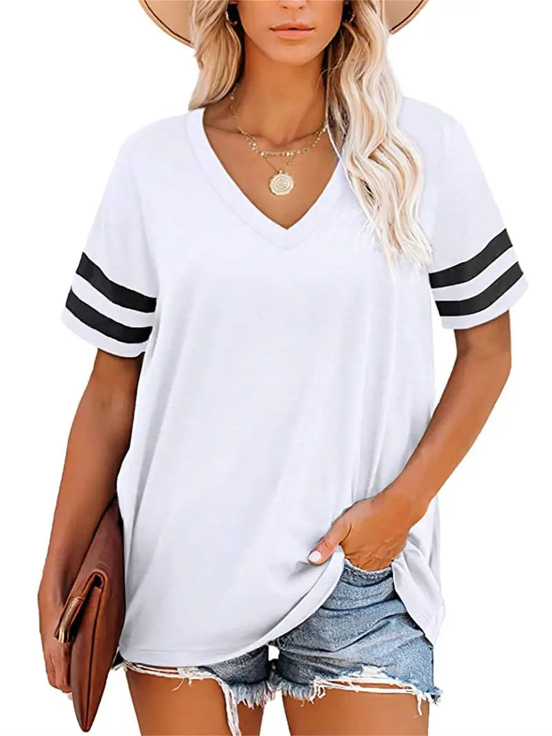 Camiseta feminina casual com decote em V colorblock listrada