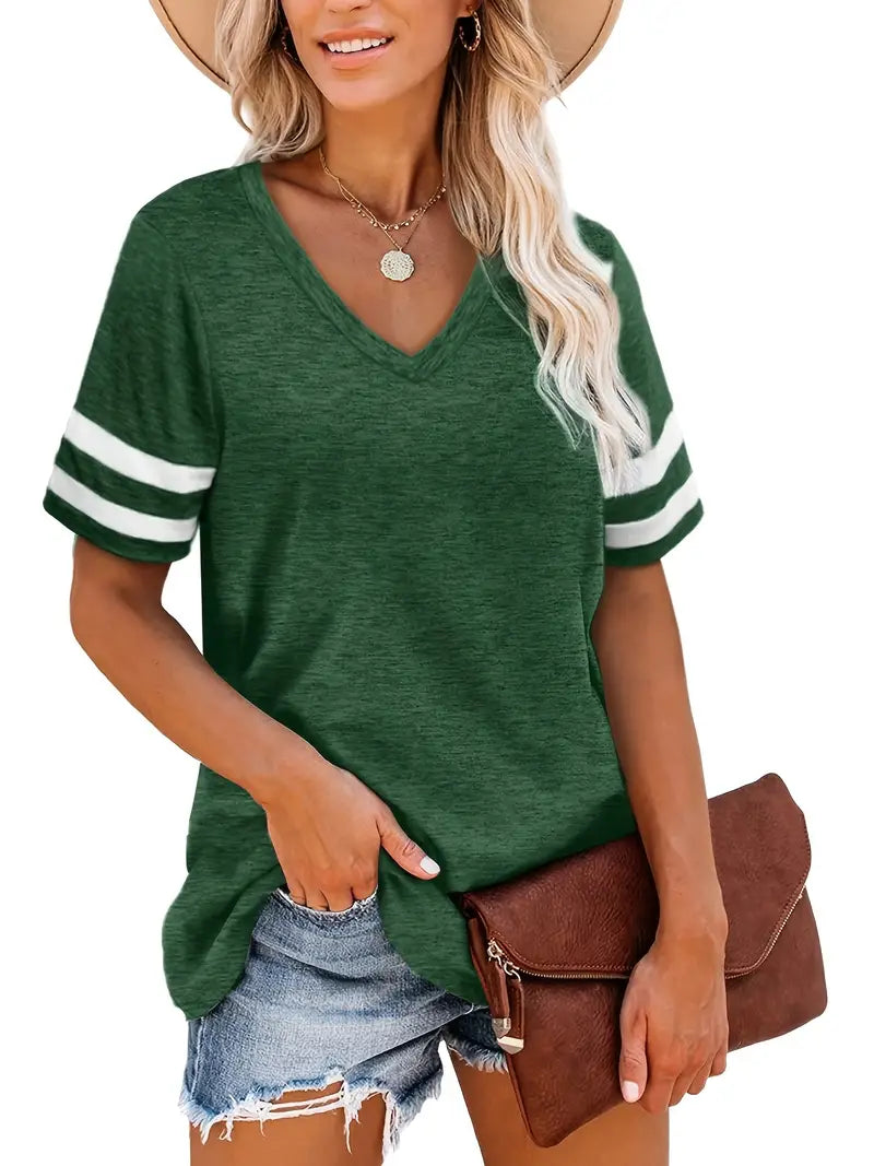 Camiseta feminina casual com decote em V colorblock listrada