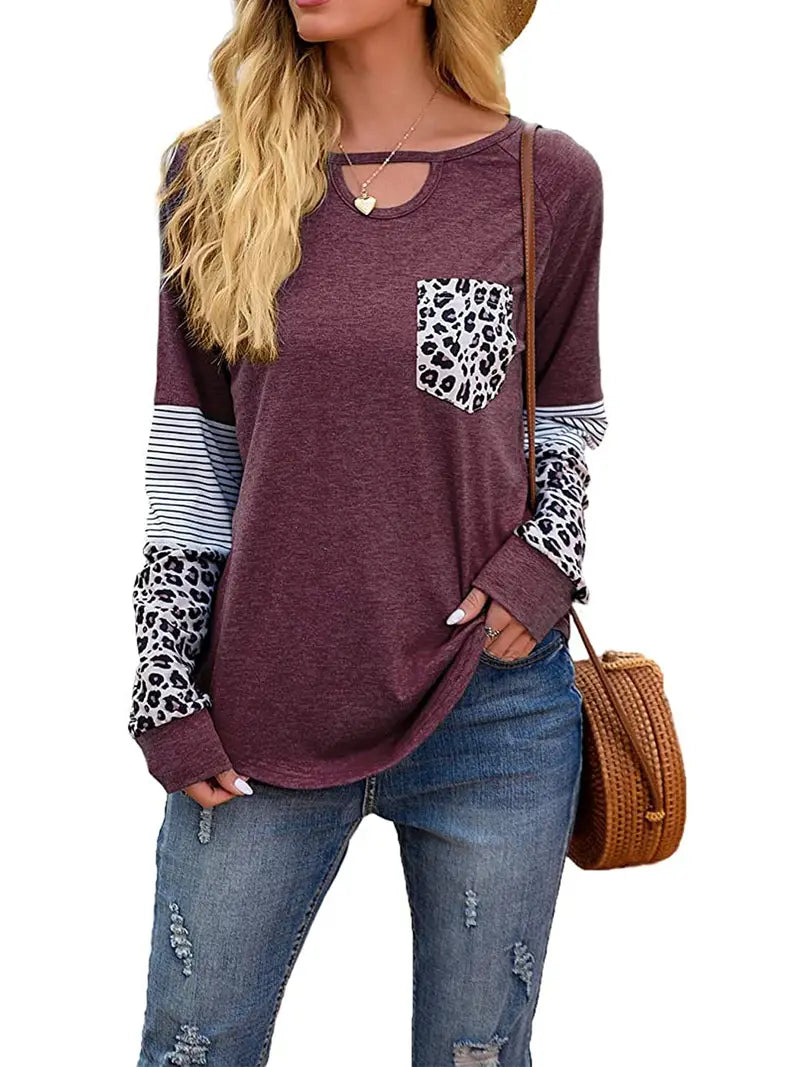 Camiseta feminina manga longa túnica casual colorida em blocos soltos