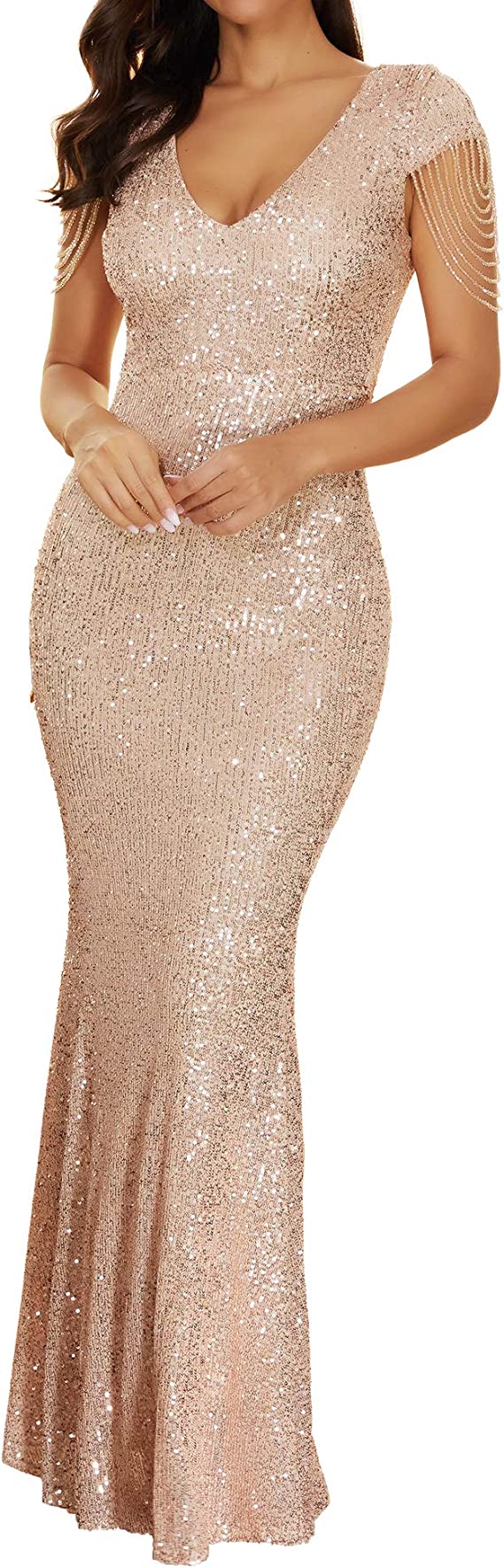 Vestido sereia de festa manga curta com decote em V e lantejoulas
