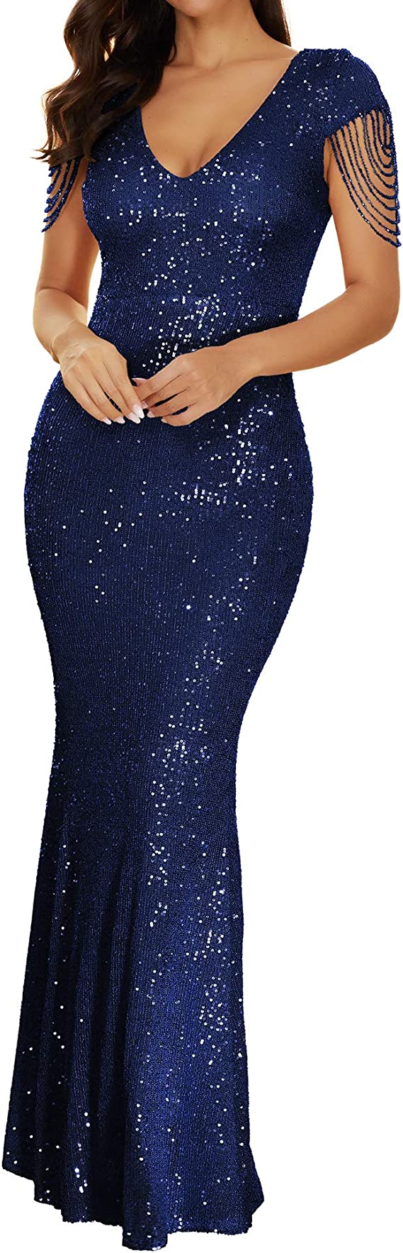 Vestido sereia de festa manga curta com decote em V e lantejoulas