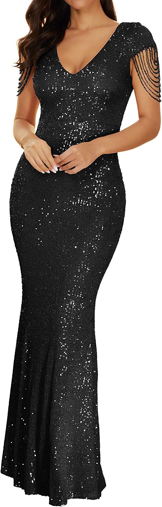 Vestido sereia de festa manga curta com decote em V e lantejoulas
