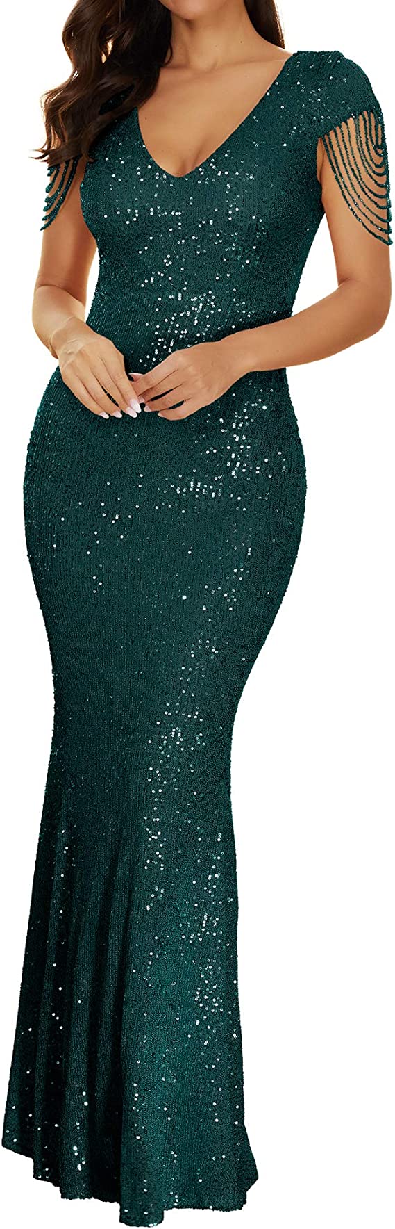 Vestido sereia de festa manga curta com decote em V e lantejoulas