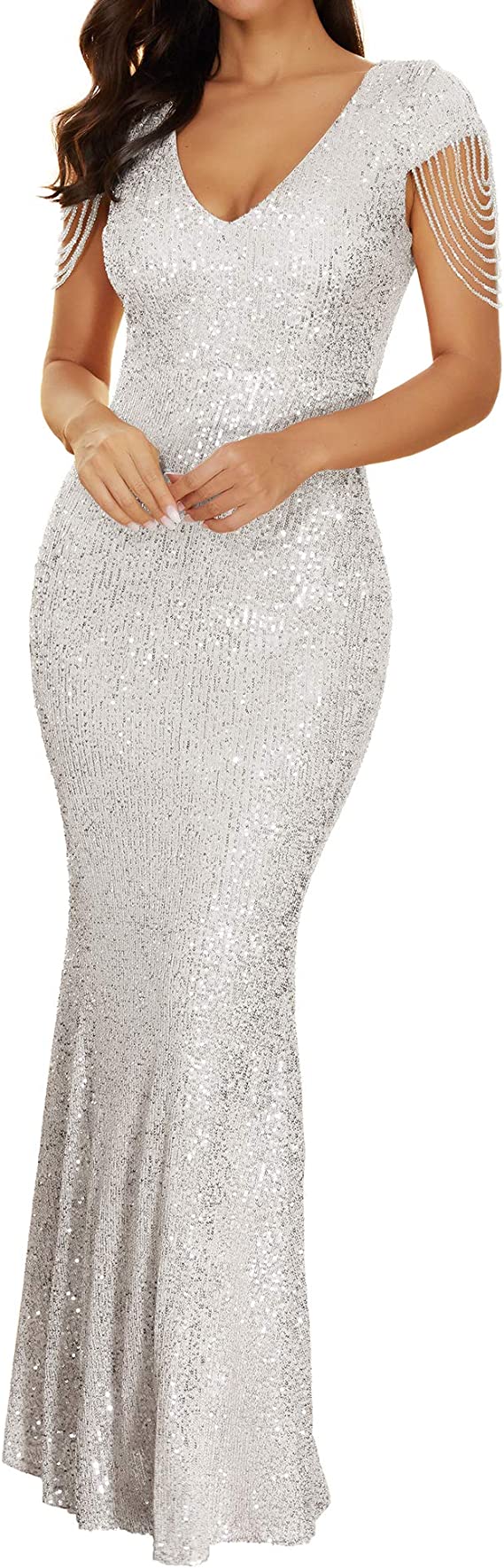 Vestido sereia de festa manga curta com decote em V e lantejoulas
