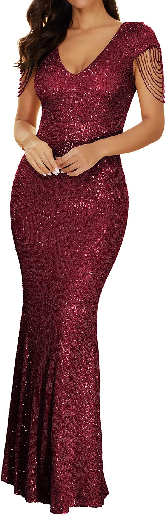 Vestido sereia de festa manga curta com decote em V e lantejoulas