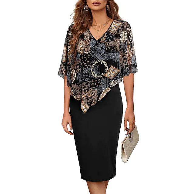 Vestido de trabalho altura do joelho Meia manga Floral Geométrico Estampado em cores Decote em V Elegante 2022 S M L XL XXL
