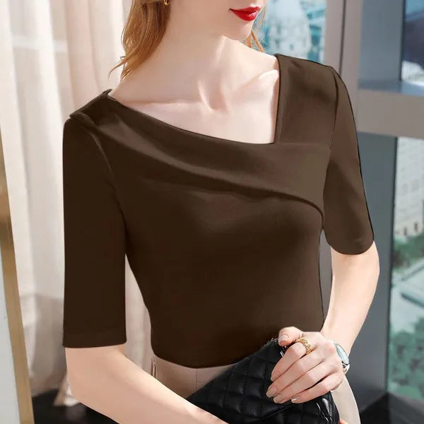 Blusa de manga elegante de escritório com decote irregular
