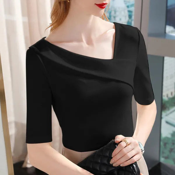Blusa de manga elegante de escritório com decote irregular