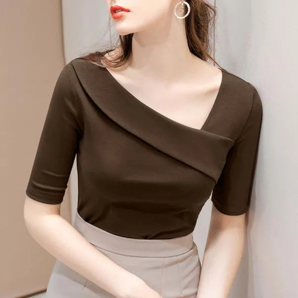 Blusa de manga elegante de escritório com decote irregular