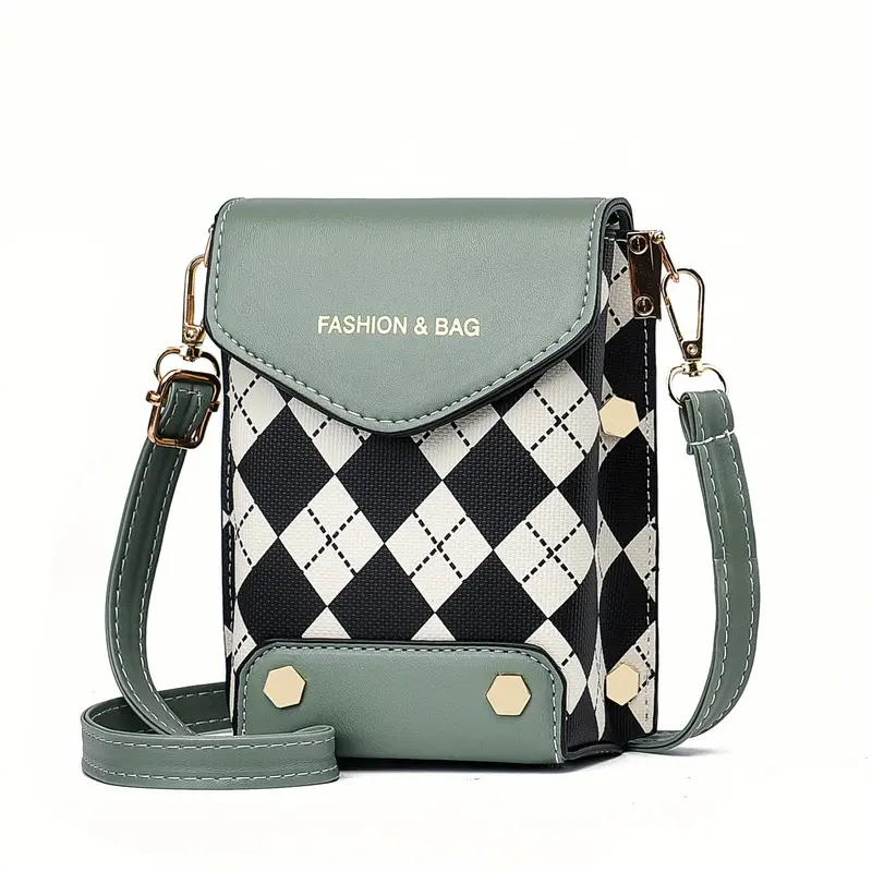 Bolsa de telefone crossbody com mini aba, bolsa de ombro com estampa de letras