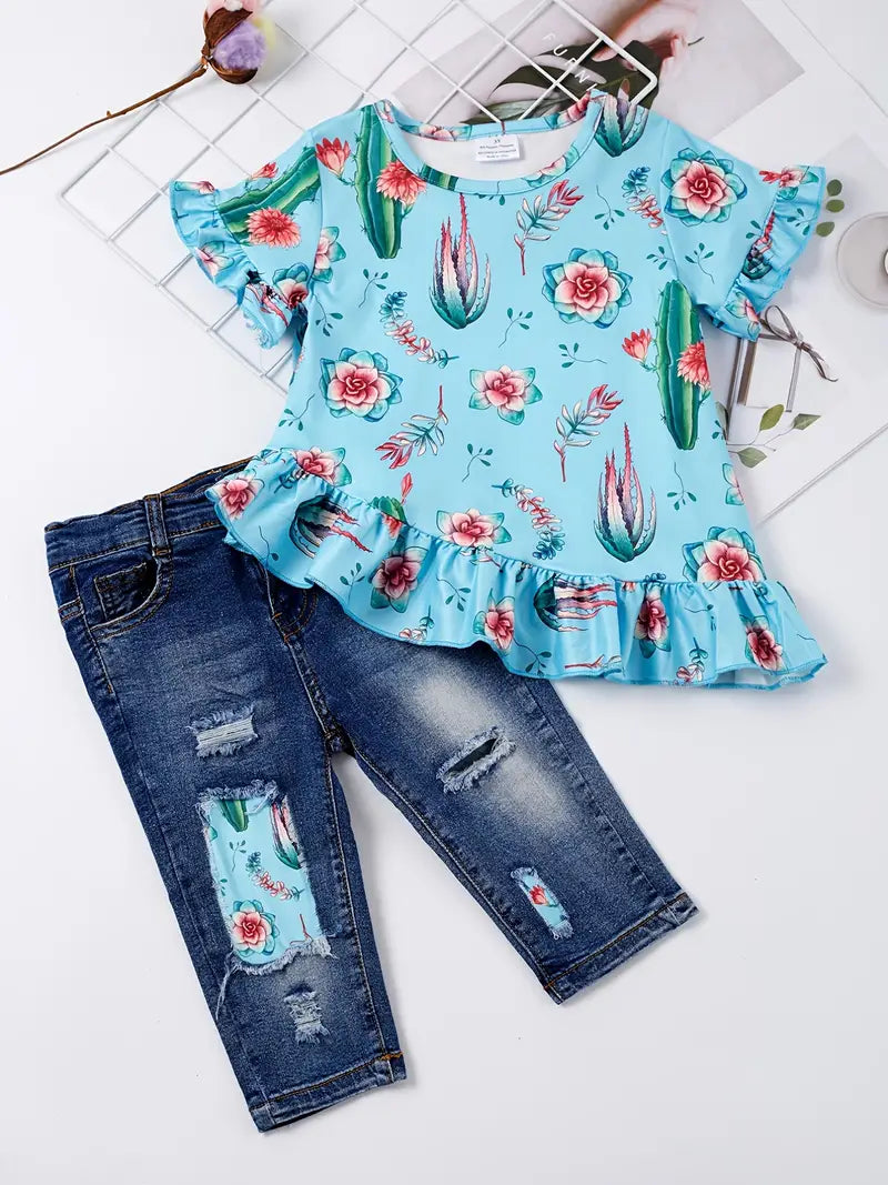 Conjunto de top e jeans rasgados roupas para bebês e meninas, com babados, manga curta,