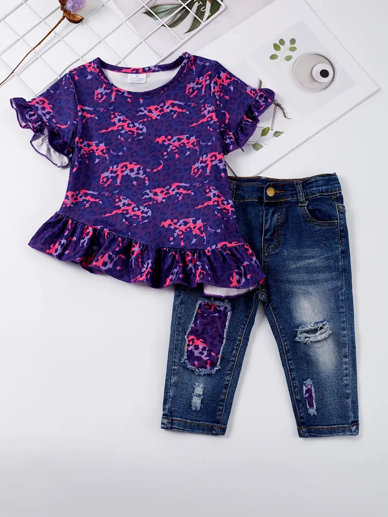 Conjunto de top e jeans rasgados roupas para bebês e meninas, com babados, manga curta,