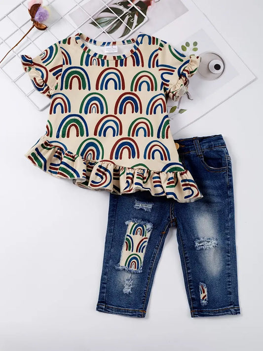 Conjunto de top e jeans rasgados roupas para bebês e meninas, com babados, manga curta,