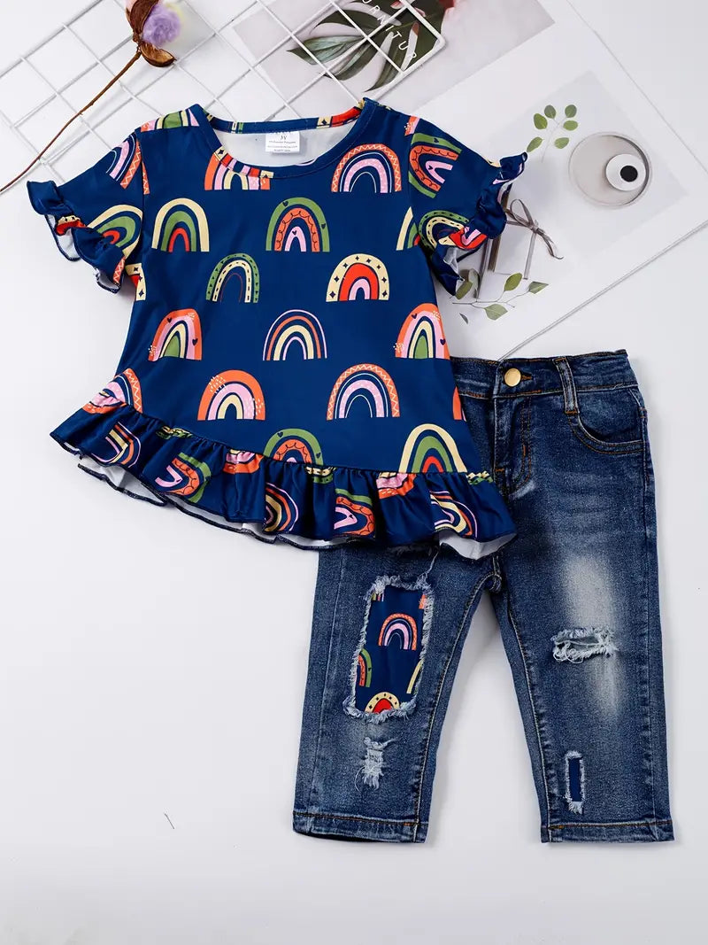 Conjunto de top e jeans rasgados roupas para bebês e meninas, com babados, manga curta,