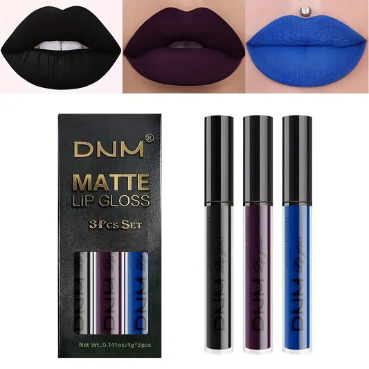 3pcs conjunto de batom líquido fosco de longa duração em preto, azul e cinza