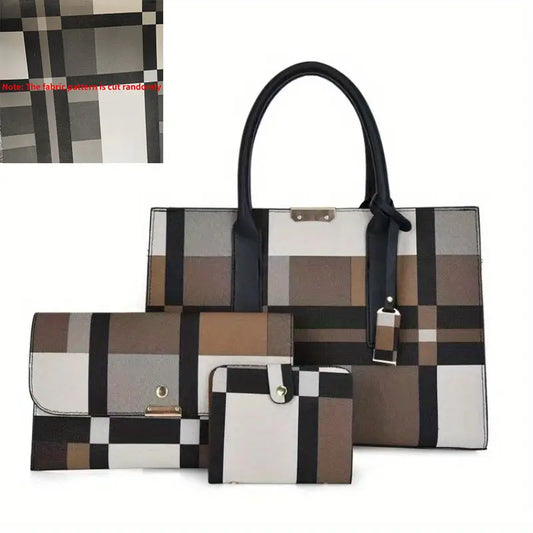 Conjunto de bolsa com padrão xadrez de 3 unidades, com bolsa clutch e porta-cartões