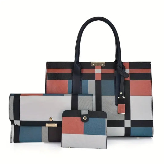 Conjunto de bolsa com padrão xadrez de 3 unidades, com bolsa clutch e porta-cartões