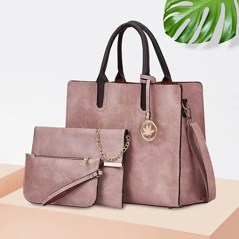 Conjunto de bolsas de 3 unidades, bolsa feminina de couro PU e bolsa crossbody de corrente e bolsa de mão