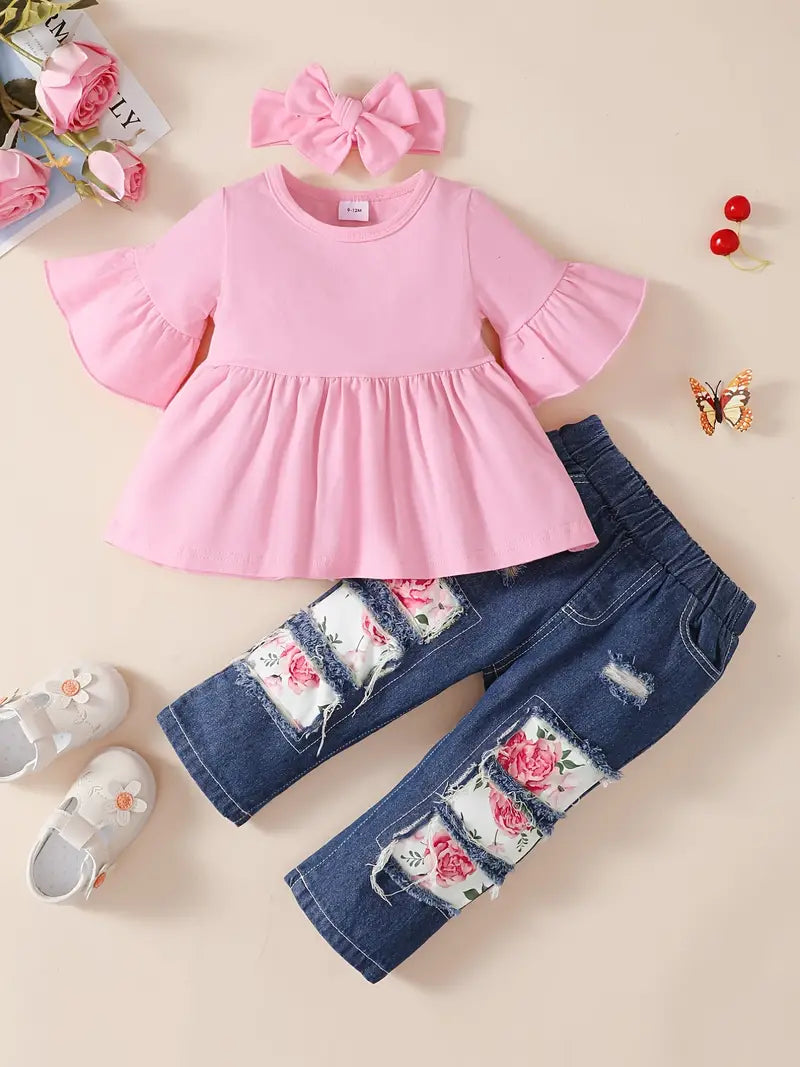 Conjunto de top e jeans rasgados roupas para bebês, blusa de manga curta