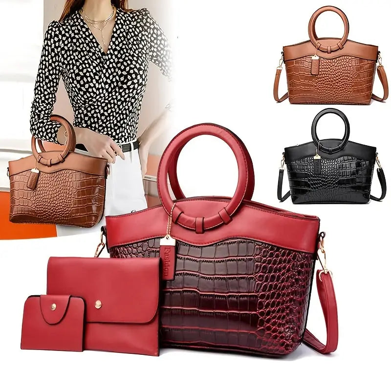 Conjunto de 3 peças de bolsa feminina com estampa de crocodilo, couro pu, cor sólida, bolsa clássica com alça superior