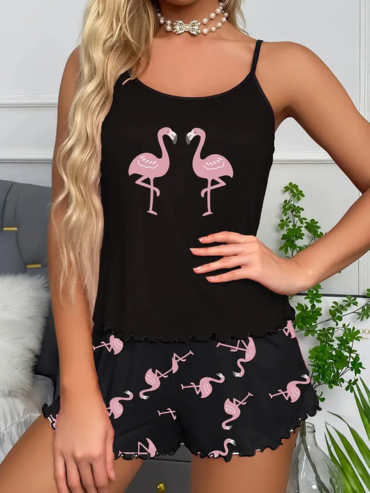 Conjunto de pijama com estampa flamingo, top cami com gola redonda e shorts com cintura elástica, roupa de dormir feminina