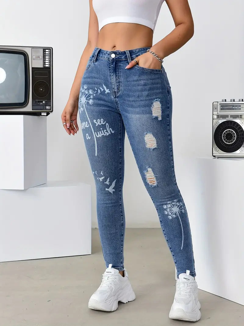 Jeans skinny com estampa de letras e pássaros, jeans justos de alta elasticidade