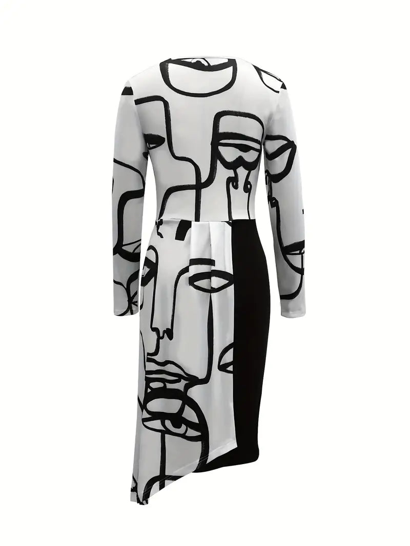 Vestido assimétrico com estampa abstrata, vestido casual com gola redonda e manga comprida e cintura fina