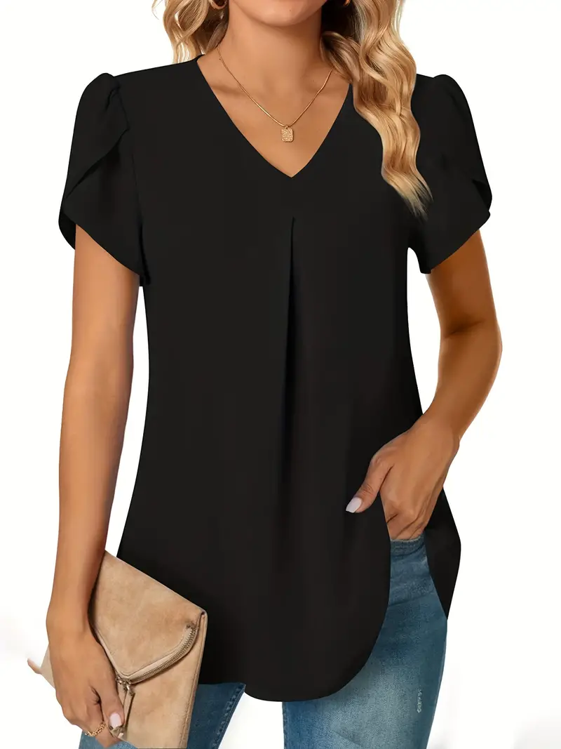 Blusa sólida com decote em V e manga pétala, blusa simples versátil