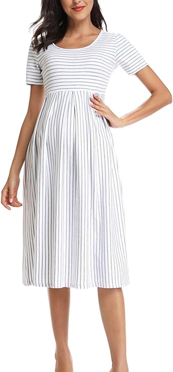 Vestido feminino casual listrado para maternidade curto e manga 3/4 na altura do joelho para gravidez