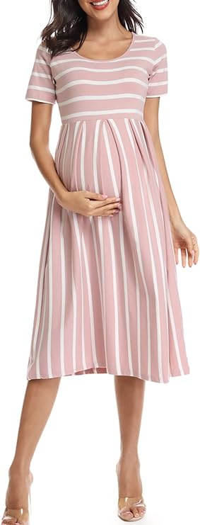 Vestido feminino casual listrado para maternidade curto e manga 3/4 na altura do joelho para gravidez