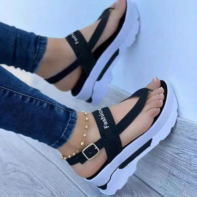 Sandálias femininas com plataforma, sapatos com tira e fivela de letras de cor sólida